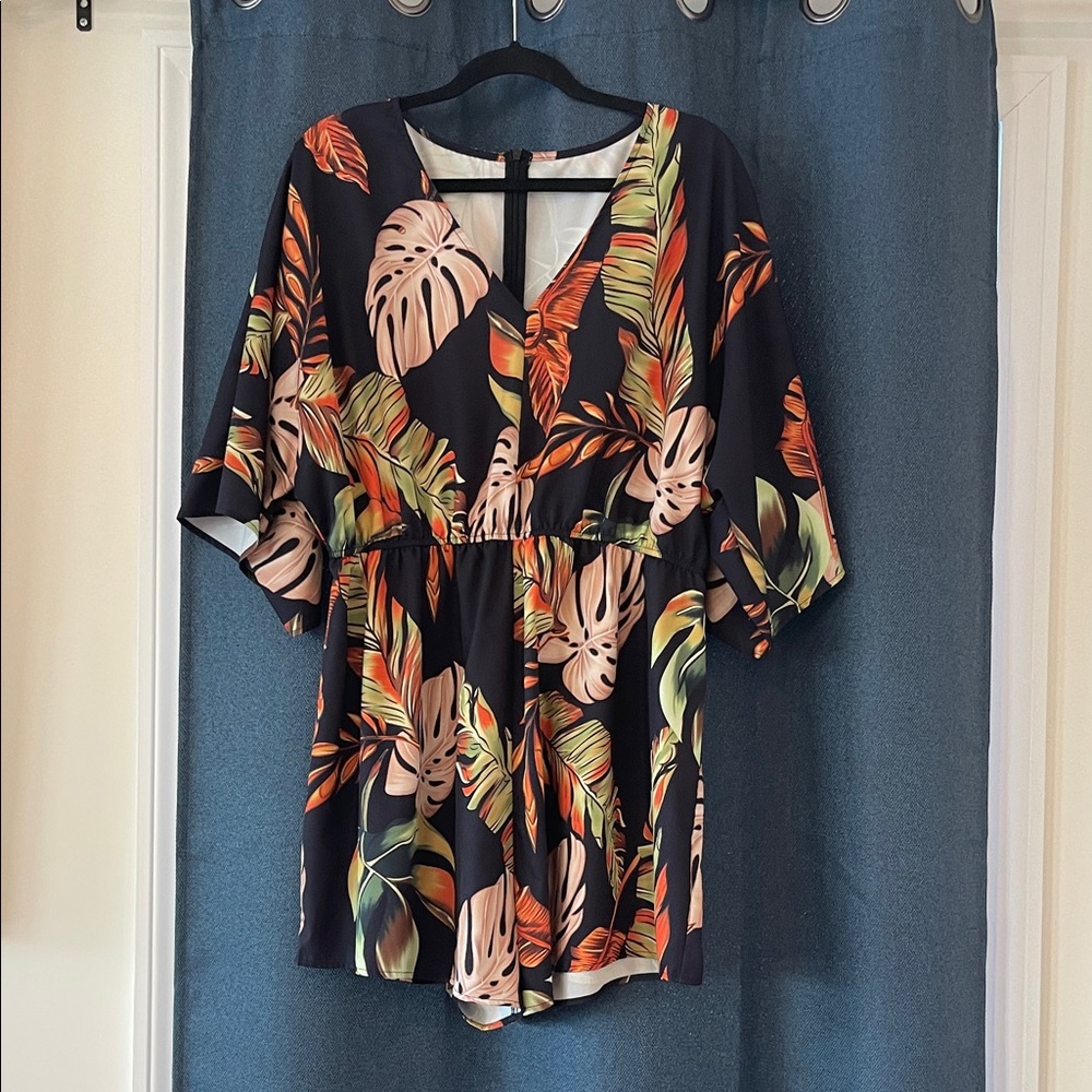SHEIN Tropical Leaf Print Jumpsuit - Black, Green, Orange
